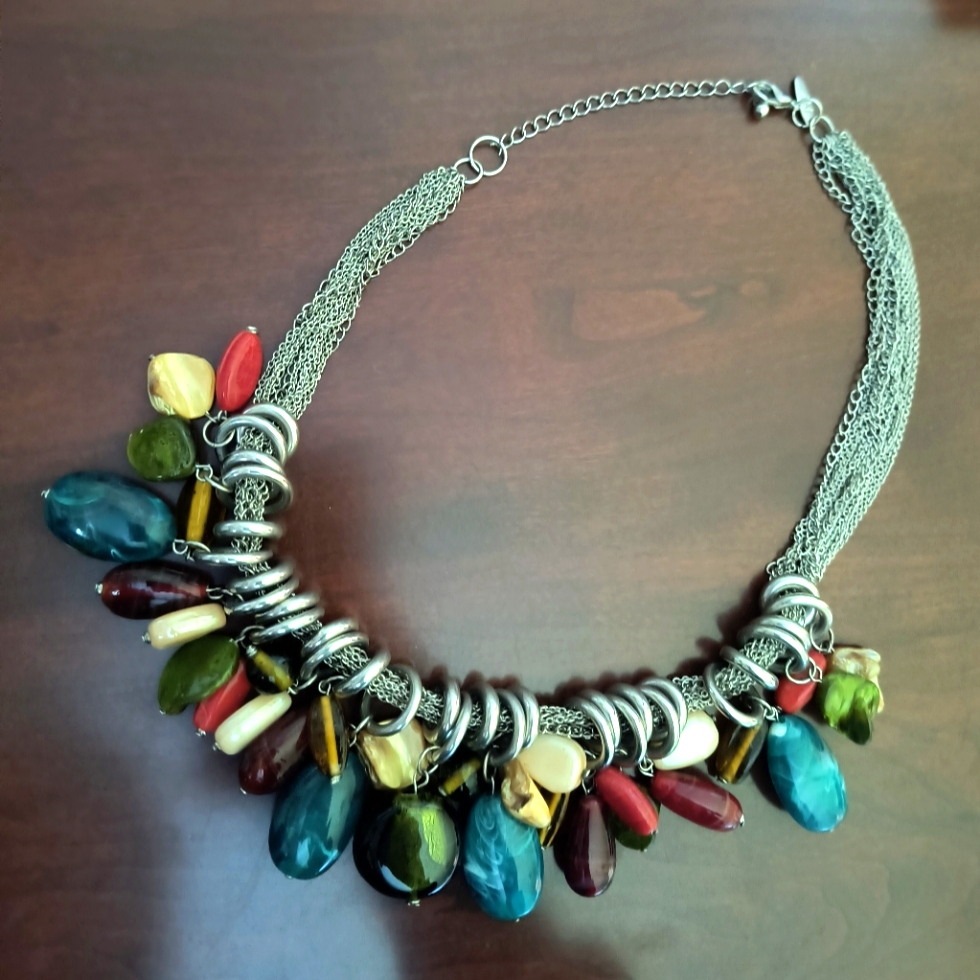 Ny Collection Silver Choker Neywith Multi Color Stones Red Blue Green Brown 15$